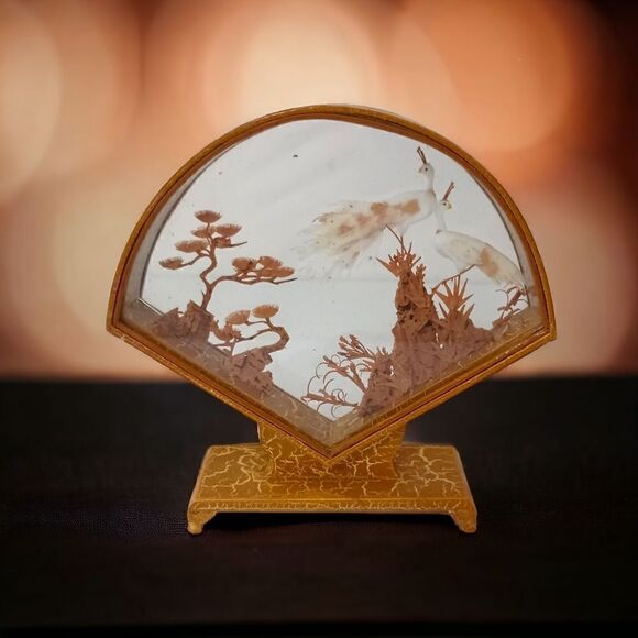 Asian Cork Peacocks Diorama Shadow Box Sculpture Hand Carved Gold Tone Frame Vtg - Picture 15 of 16